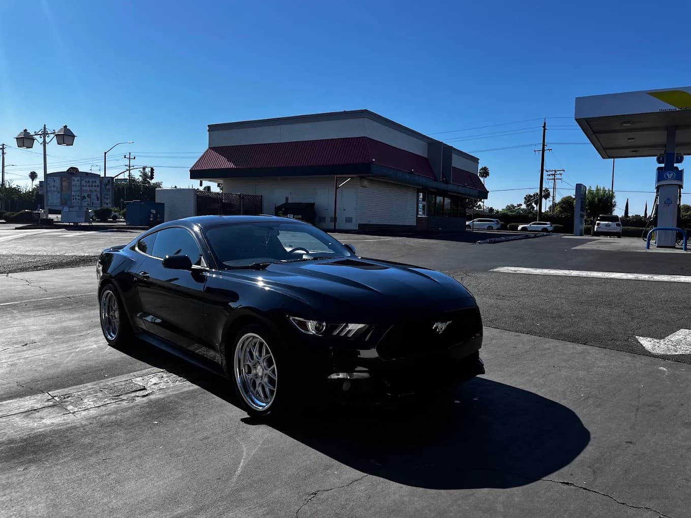 Freshly washed black Ford Mustang gleaming after a BubbleBee hand wash in Citrus Heights